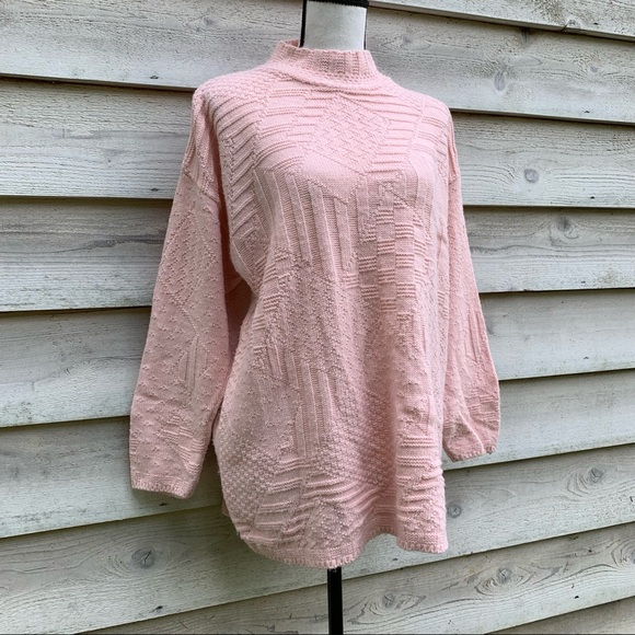 Vintage Pastel Pink Mock Neck Long Sleeve Pullover Oversize Cable Knit Sweater - Picture 2 of 16